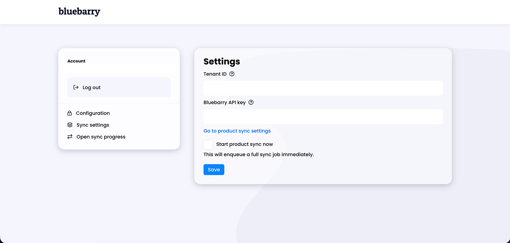 Het instellingenscherm van de bluebarry-app voor Lightspeed met Tenant ID, Bluebarry API key en Start product sync now